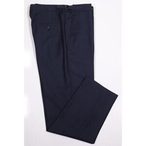 Trio Navy Blue Plaid Flat Front Wool Slim Fit Dress Pants Side Buckles 30x28